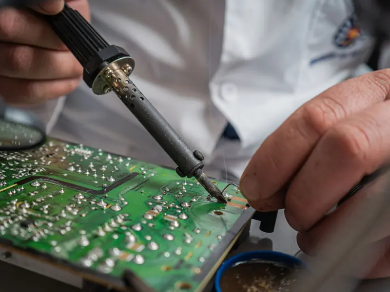 Technician performing precise soldering on a circuit board for electronics repair.