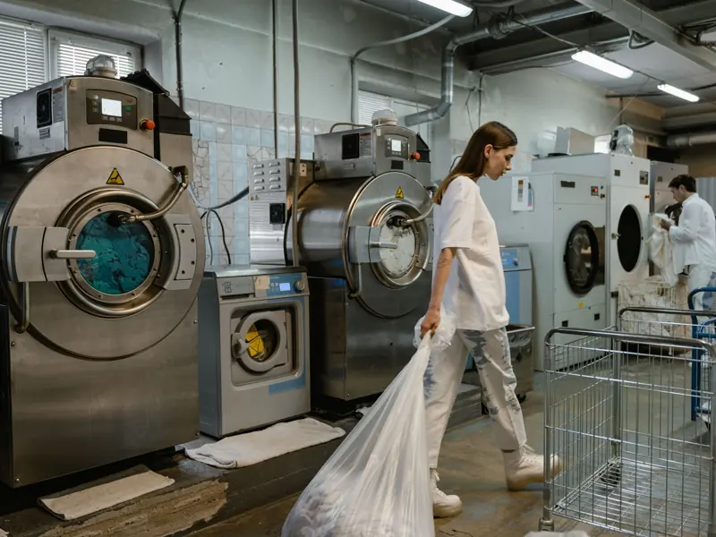 Busy industrial laundry with workers handling large washing machines.