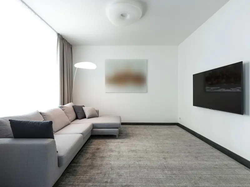 Contemporary living room with a gray sectional sofa and a wall-mounted TV.