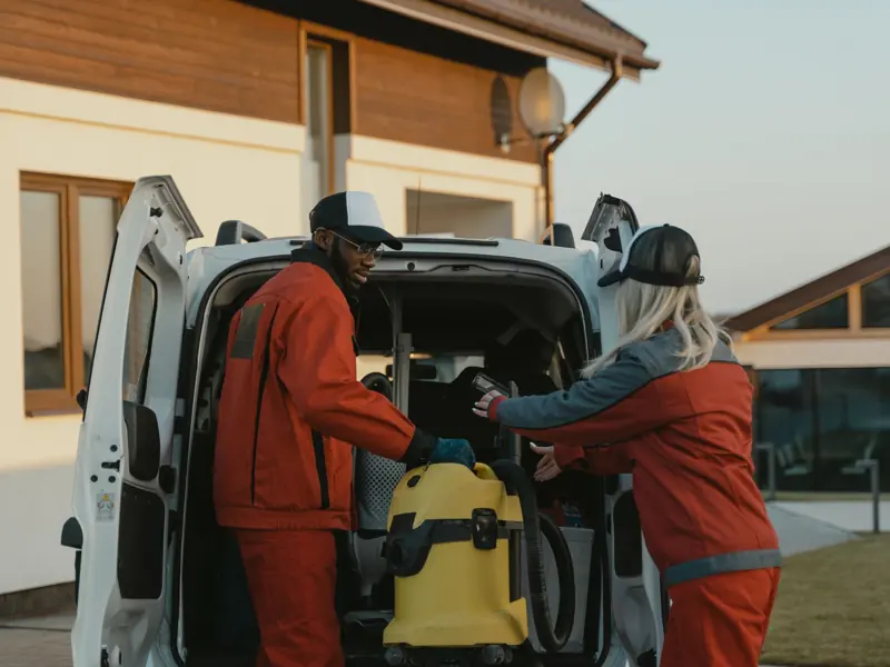 Two cleaners in red uniforms load a vacuum into a white van outdoors.
