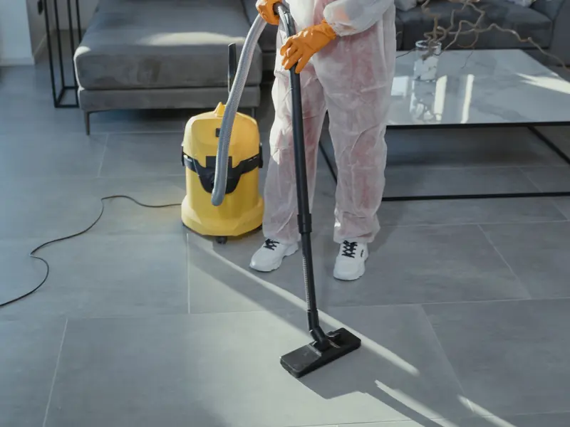 A professional cleaner in protective gear vacuuming the floor in a modern living room.