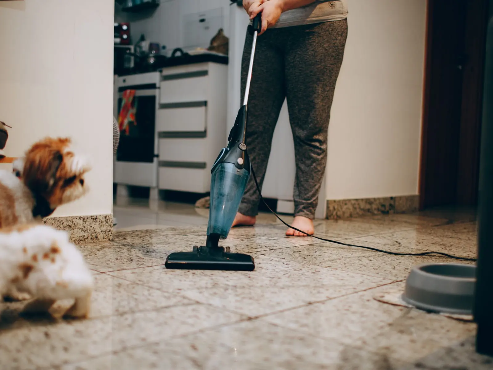 A woman cleaning the floor with a vacuum cleaner while a dog watches attentively. Indoor home setting.