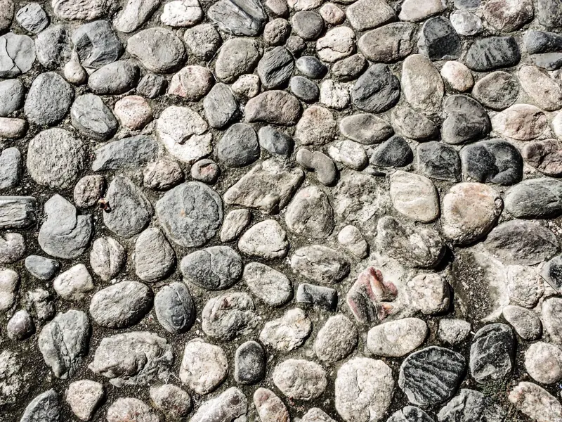 Close-up view of a textured stone pavement with varying colors and sizes.