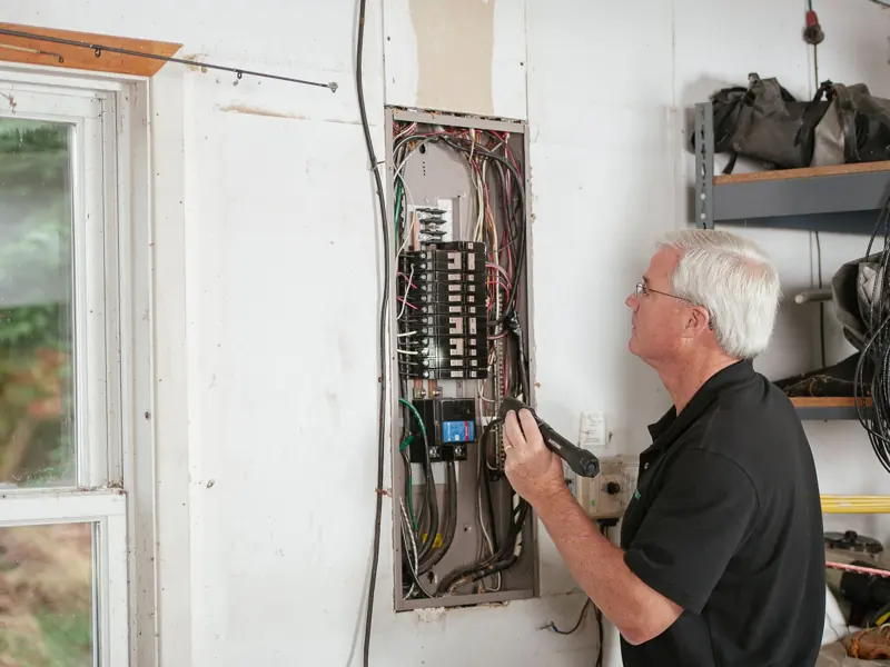 An electrician carefully examines a residential fuse box indoors, ensuring electrical safety and compliance.