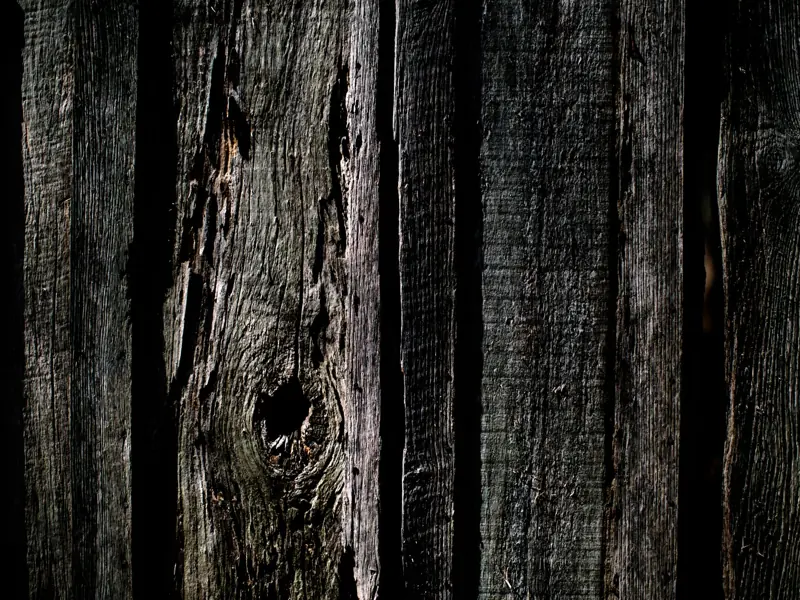 A close-up of a weathered wooden fence showcasing texture and natural knot patterns.