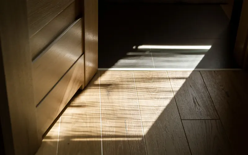 Sunlit shadows create patterns on a wooden parquet floor indoors.
