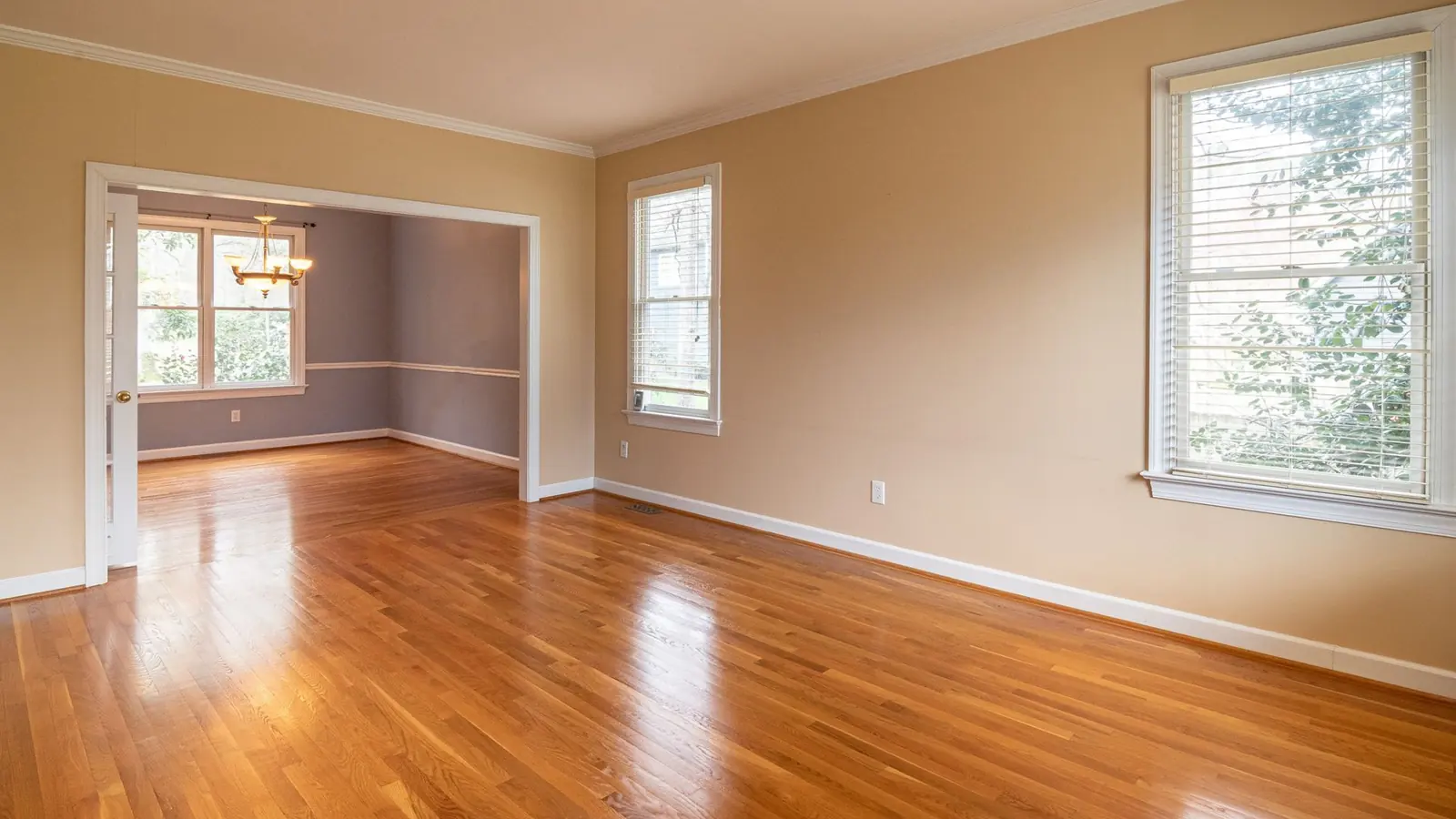 Bright empty room with wooden floors and large windows, ideal for real estate listings.