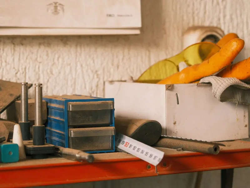 Collection of vintage tools on a wooden table indoors with a retro vibe.