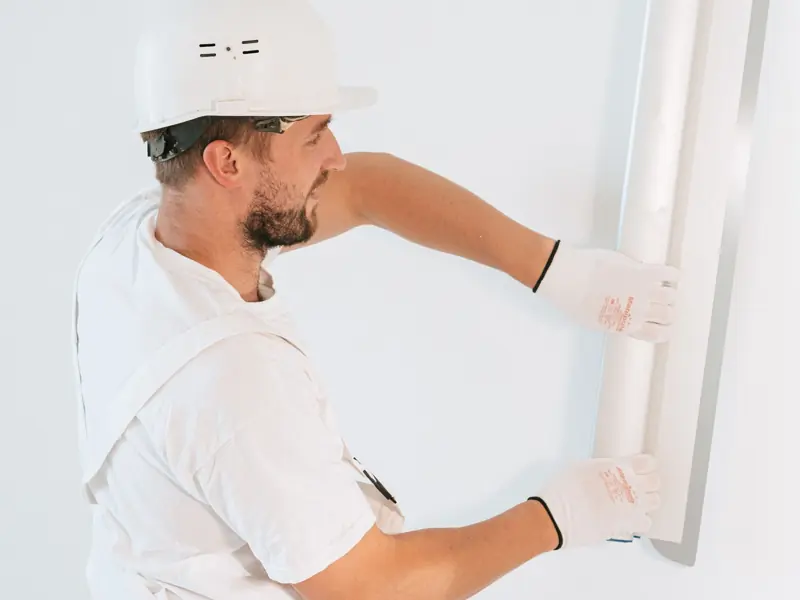 Professional construction worker installing drywall with gloves and helmet inside a building.
