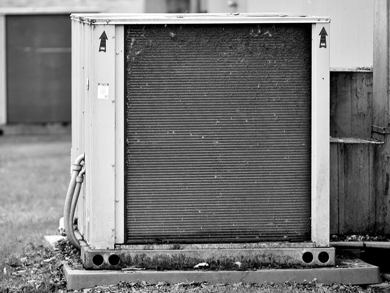 Close-up of an industrial HVAC unit outdoors, showcasing its metal texture.