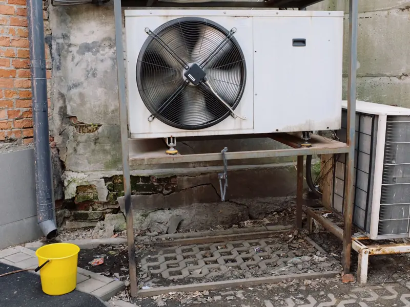 External air conditioner unit placed on metal platform near gray shabby wall of modern building on street