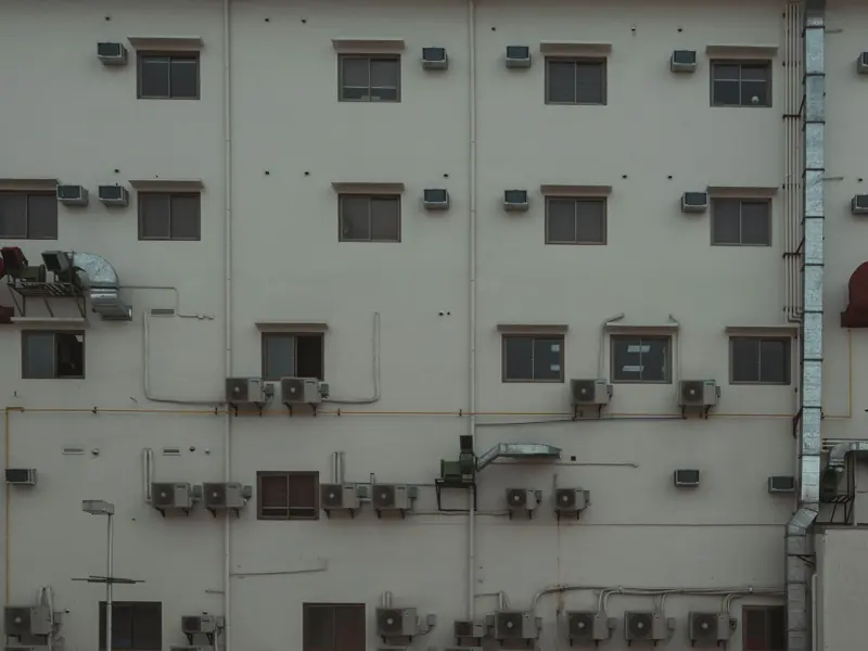 A building facade covered with air conditioning units and ducts illustrating urban architecture.