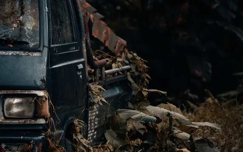 An old, decaying truck surrounded by dried leaves and junk, forgotten in an Indonesian landscape.