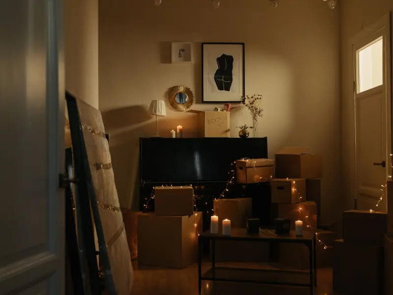 A warmly lit apartment filled with moving boxes and romantic candle lighting.