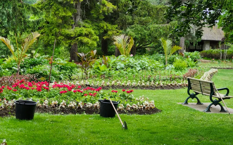 Tranquil park scene featuring lush greenery, a flower garden, and an empty bench.