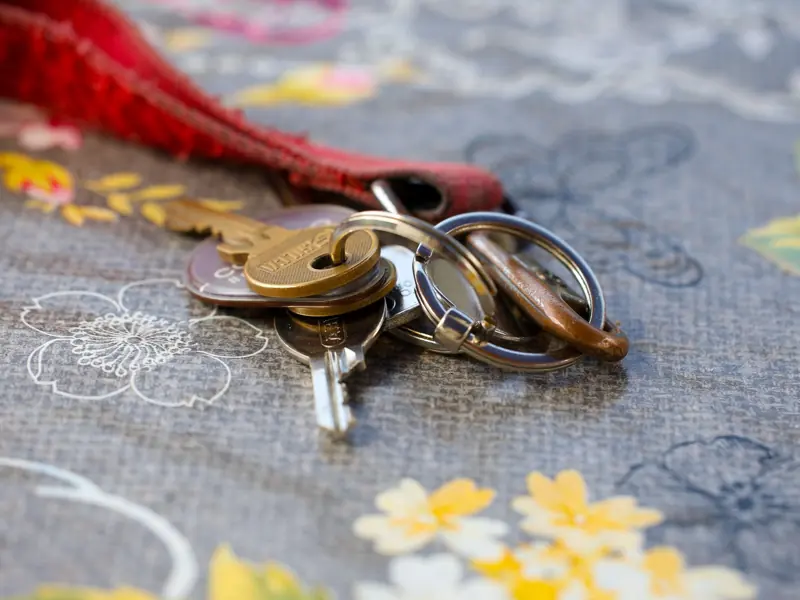 A set of keys lying on a floral-patterned fabric background. Ideal for security themes.
