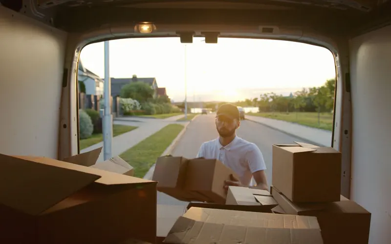 A courier unloading cardboard boxes from a van during sunset on a suburban street.