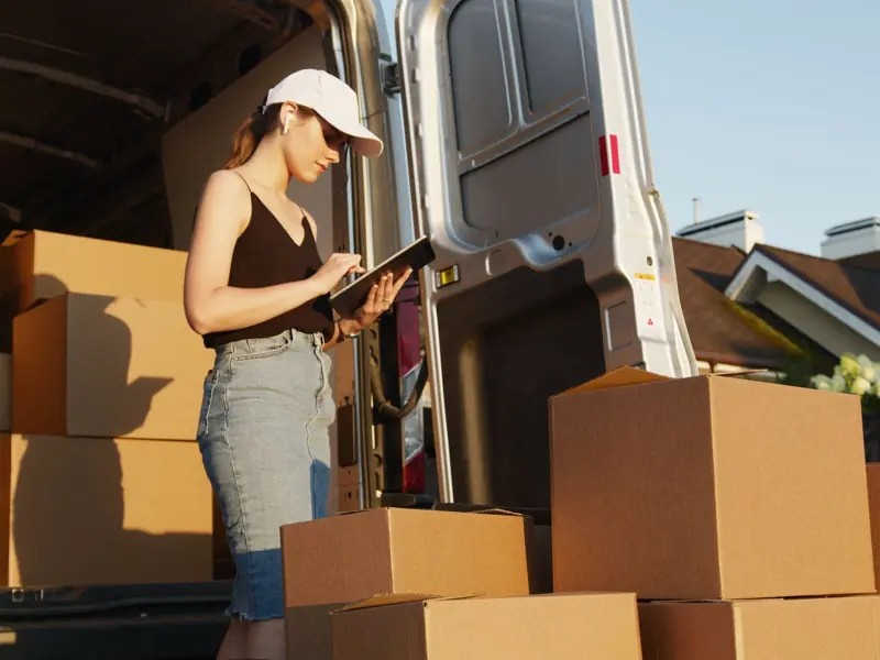 A woman using a tablet to manage deliveries with stacked cardboard boxes by a van.