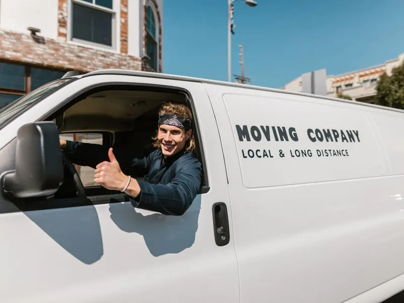 Smiling mover giving thumbs up from a moving company van parked outside.