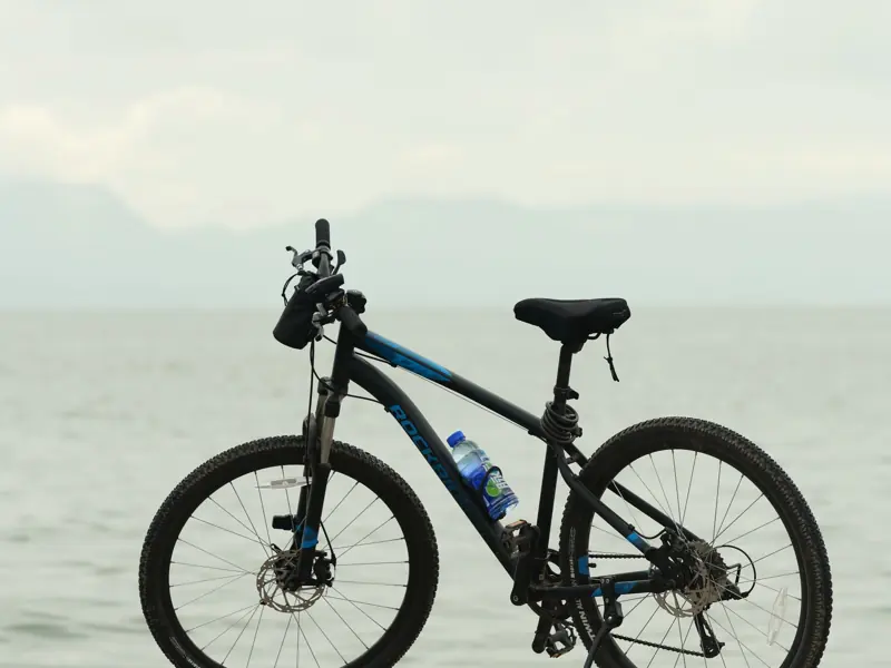 A mountain bike stands on a waterfront promenade with a peaceful ocean in the background.