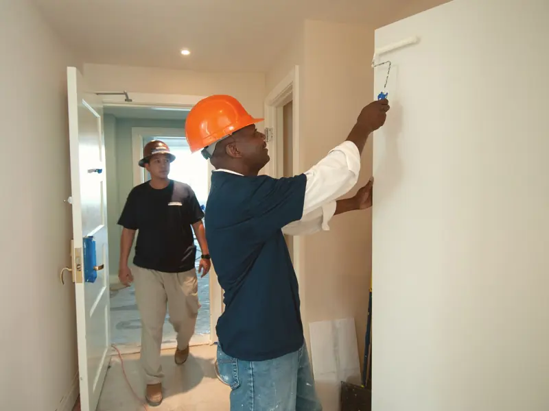 Two construction workers painting and renovating an interior. Focus on teamwork and home improvement.