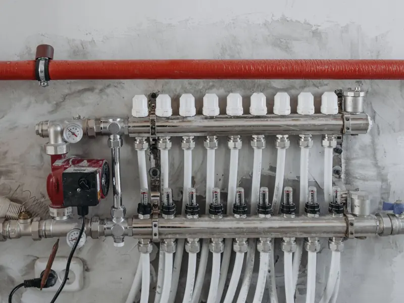 A close-up view of an industrial manifold with pressure gauges and connected steel pipes.