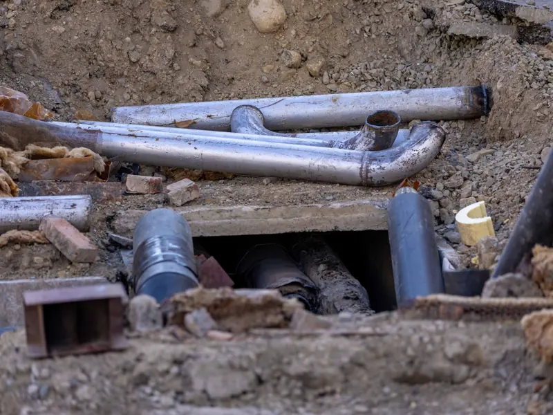 Close-up of urban pipe installation at a construction site, showing various pipes and materials.