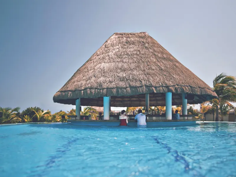 A serene poolside bar with a thatched roof provides a tropical escape at a lush resort.