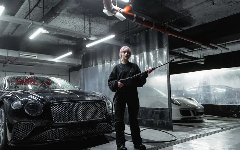 A woman in a car wash space using a power washer to clean luxury cars, captured indoors.