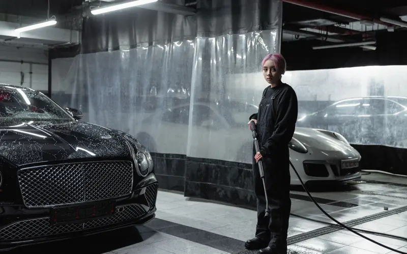 A woman with pink hair operates a power spray in a carwash garage with luxury cars.