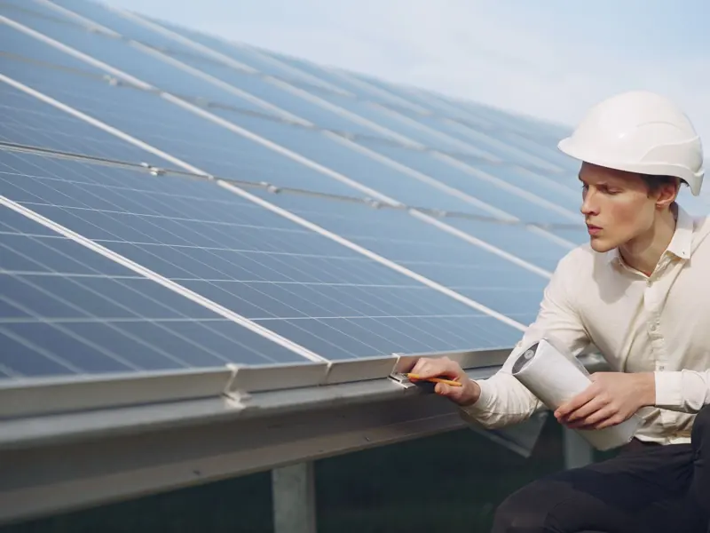 Focused young male employer in formal wear and hardhat working on solar panel station and checking details of modules