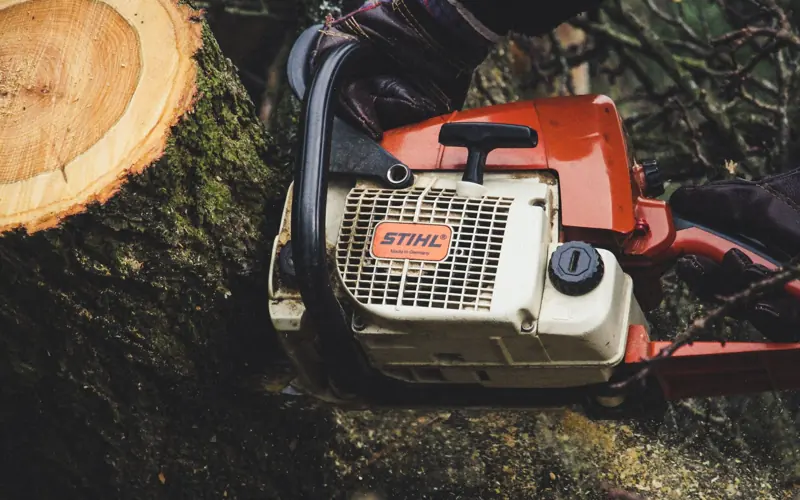 A person uses a chainsaw to cut through a tree trunk outdoors, showcasing forestry work.